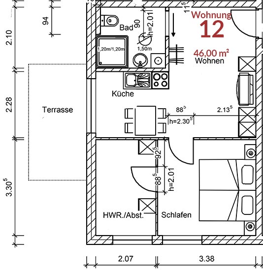 Grundriss der Wohnung 12 im Erdgeschoss Betreutes Wohnen in Pattensen. Grundriss Wohnung 12