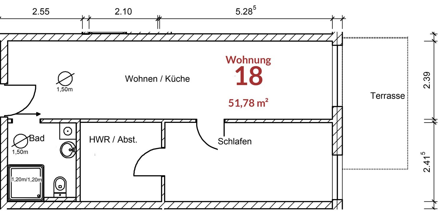 Grundriss der Wohnung 18 im Erdgeschoss Grundriss einer ca. 52 m² große Wohnung im nobis Hof Pattensen
