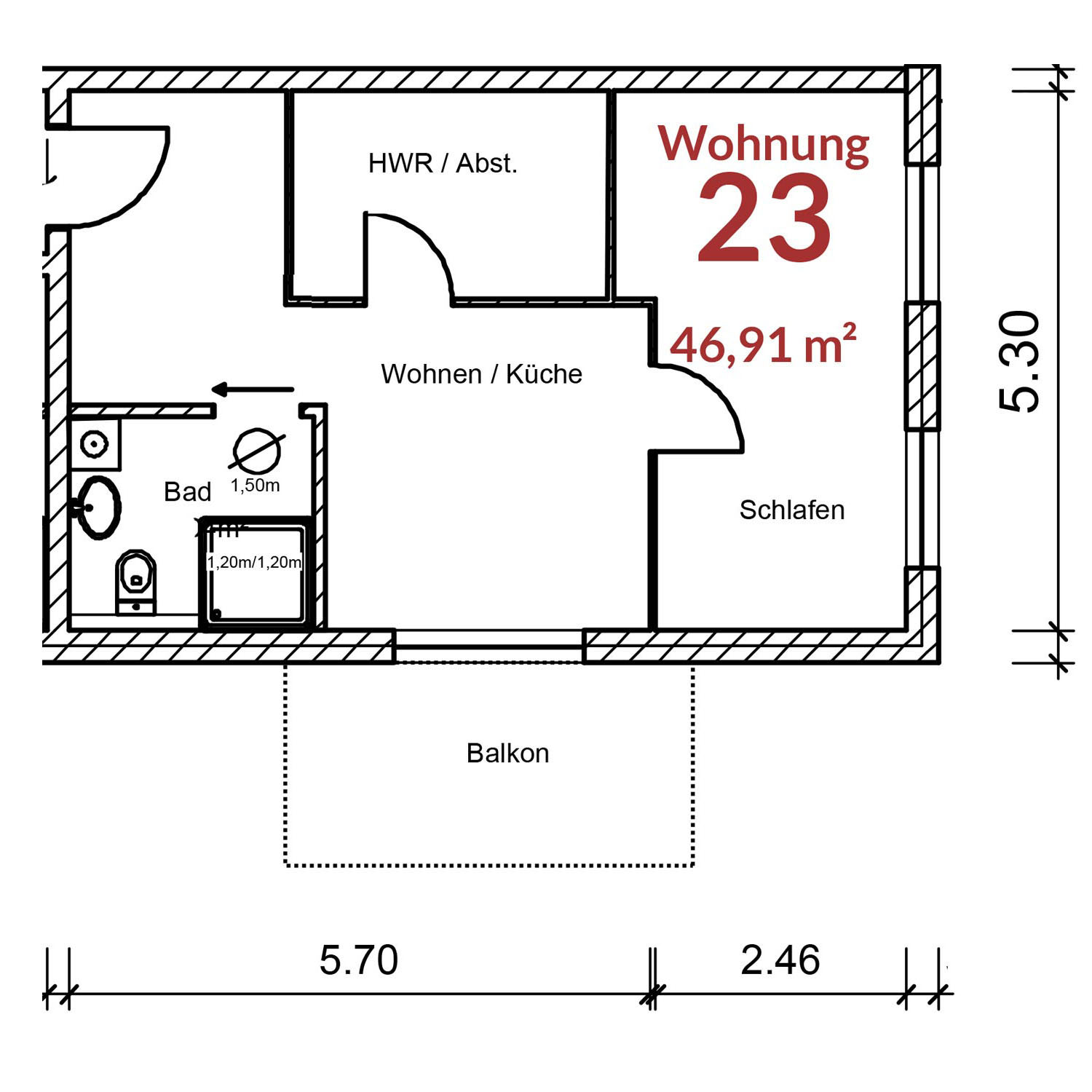 Grundriss der Wohnung 23 im Obergeschoss des nobis Hof Pattensen Grundriss der Wohnung 23, ca. 47 m² im Obergeschoss